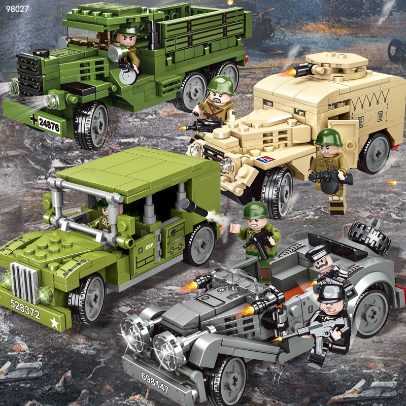 Đồ chơi lắp ráp Lego Army thế chiến world war II xếp hình xe jeep tank thiết giáp chở lính Mei Lian 98027 trọn bộ 4 hộp