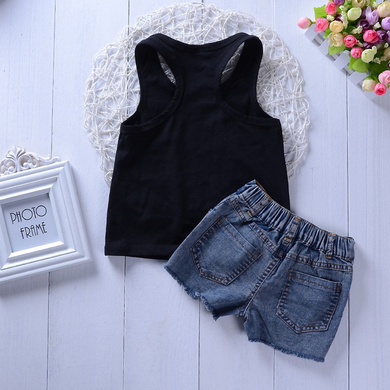 Áo thun không tay in họa tiết hoa hướng dương và quần short jean xinh xắn cho bé