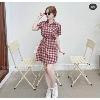 Đầm sơmi caro cột eo