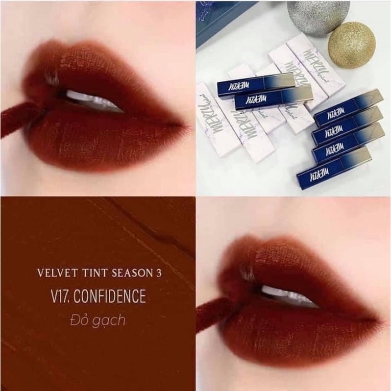 Son Merzy The First Velvet Tint màu V16 V17 tông Đỏ Gạch - Son Merzy xanh thân vuông