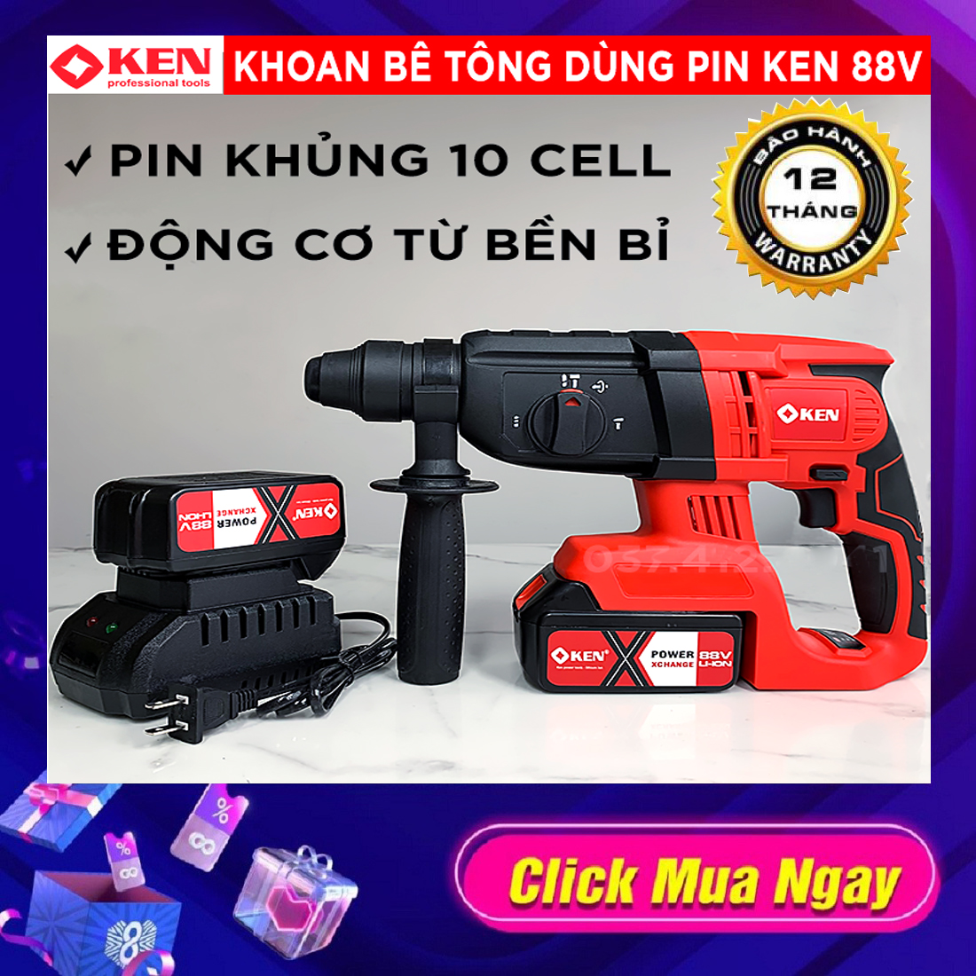 MÁY KHOAN BÊ TÔNG PIN KEN 88V - 3 CHỨC NĂNG-KHÔNG CHỔI THAN - MÁY KHOAN ĐỤC BÊ TÔNG DÙNG PIN - MÁY KHOAN TƯỜNG DÙNG PIN