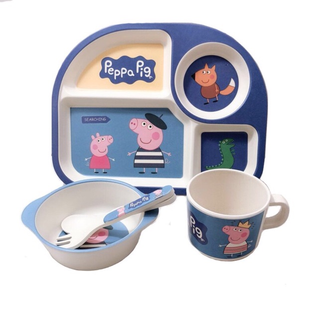 Bộ khay và bát ăn 5 chi tiết hình Peppa pig - ảnh thật