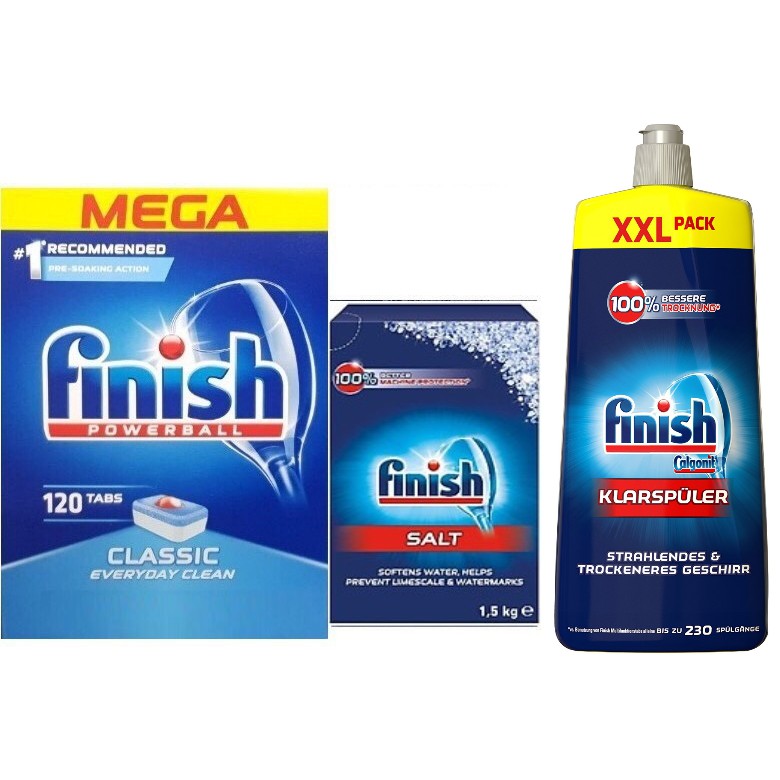 Combo 120 viên Finish+1.5kg muối rửa bát Finish+Bóng Finish 750ml dùng cho máy rửa bát chén