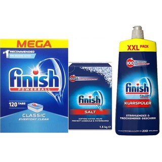 Combo Muối rửa bát Finish 1.5kg + viên rửa bát 120 viên+ Nước làm bóng 750ml