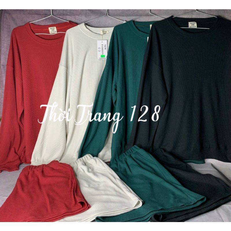 Set bộ nữ len tăm thụng quần short áo nữ cổ tròn dài tay đồ bộ nữ thu đông