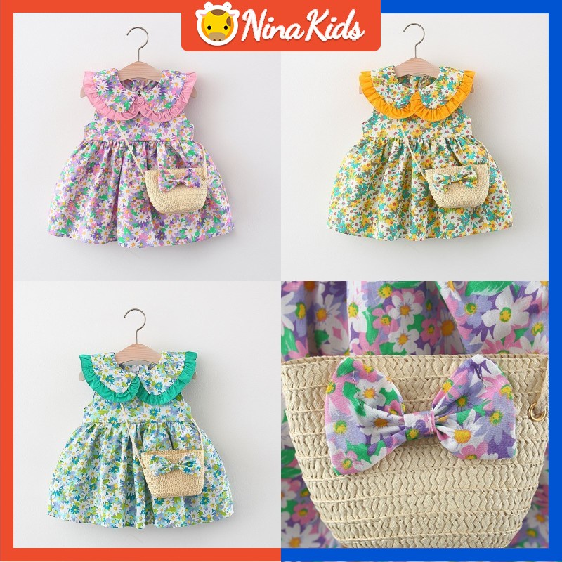 Đầm công chúa  không tay cổ búp bê in hoa kèm túi đeo chéo thời trang mùa hè cho bé gái 1-5 tuổi