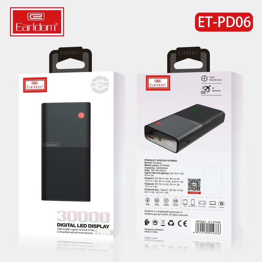 Sạc dự phòng Earldom, pin siêu khủng 30.000mAh PD – 06