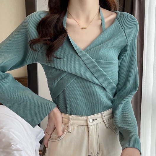 【ZHELIHANGFEI】Áo Dệt Kim Tay Dài Cổ Chữ V Giả Hai Lớp Thời Trang Cá Tính Trẻ Trung