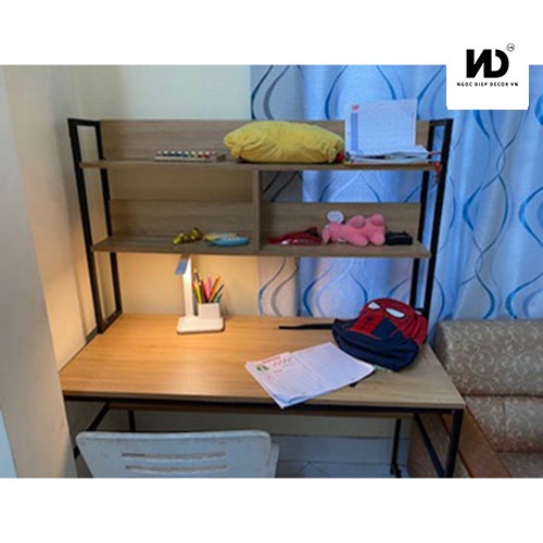 Bàn làm việc khung sắt có giá sách, dễ dàng lắp ráp, mặt bàn dày 17li, bàn học cho bé, có hướng dẫn lắp