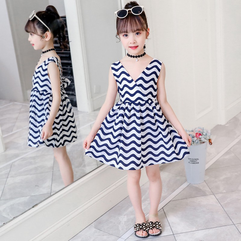 Đầm dài không tay họa tiết gợn sóng xinh xắn cho bé gái
