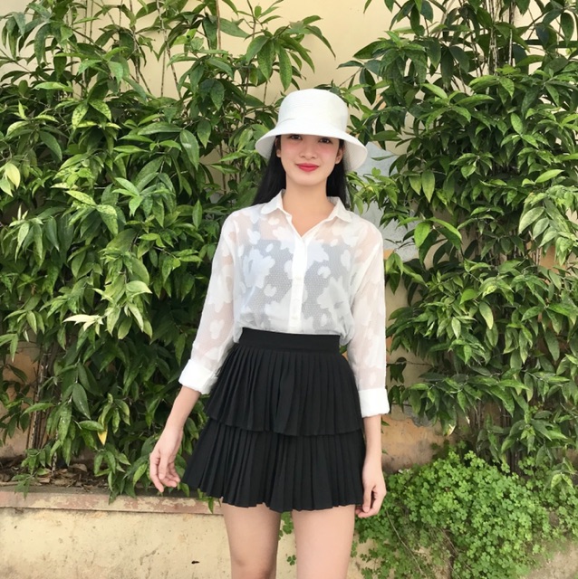 Áo sơ mi nữ form rông tay dài vải ren màu trắng