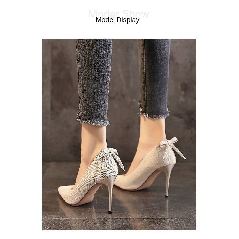 2021Spring and Autumn New Mid Heel Pointed-Toe Bowknot High Heels Women Sequins Stilettos Pumps plus Size Versatile Wedding Shoes