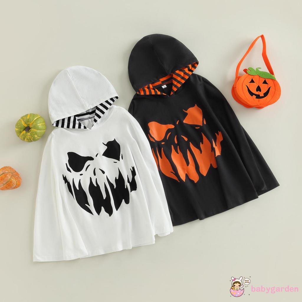 Áo Choàng Có Mũ Trùm Dáng Rộng In Họa Tiết Halloween Màu Trắng / Đen Cho Bé 2-6 Tuổi