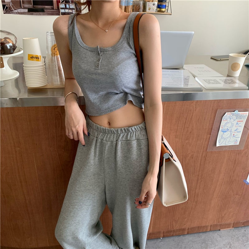 Jiashucheng Áo Hai Dây Dệt Kim Dáng Ngắn Hai Lớp Không Tay Phong Cách Cơ Bản