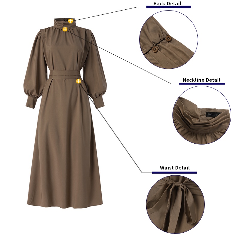 Đầm ZANZEA cổ cao tay phồng phối xếp ly thanh lịch cho phái nữ