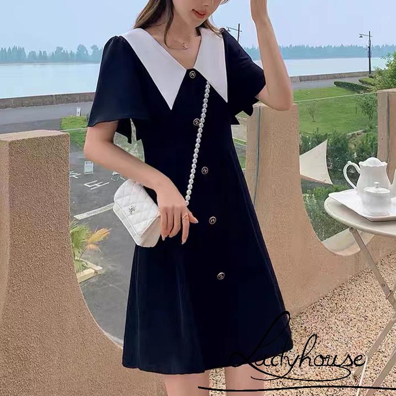 Ldd-đầm Ngắn Tay Mini Cổ Peter Pan Cài Nút Màu Sắc Tương Phản Thời Trang Mùa Hè Cho Nữ