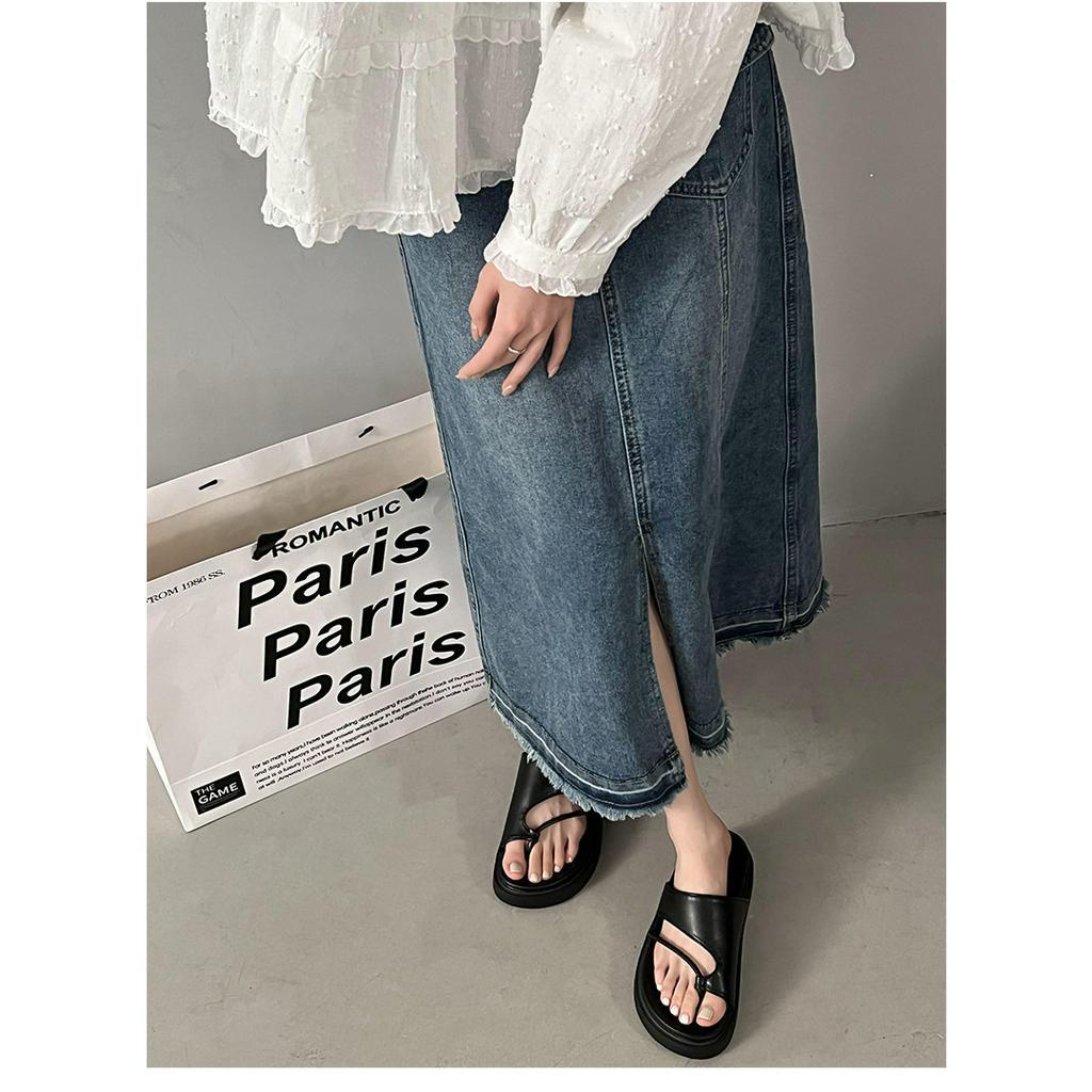 Dép Xỏ Ngón Xăng Đan Quai Da Đế Cao Đơn Giản Kiểu Mới Mũi Tròn Đi Biển Phong Cách Hot Girl D-46