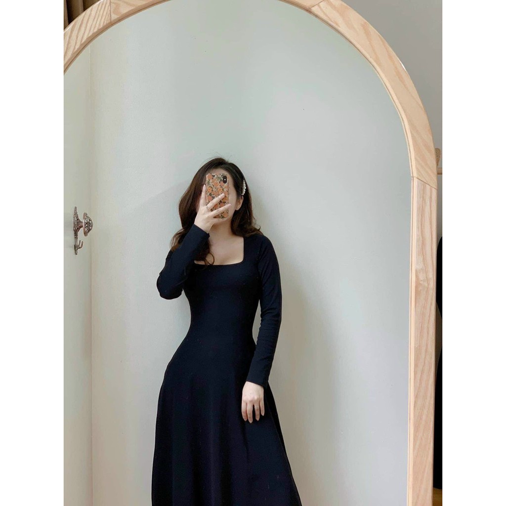 Váy Len Zip Hàn Cổ Vuông Nữ [FREESHIP] 🌸 Đầm midi body dáng xòe cổ U màu ĐEN | Nâu Ulzzang HOT 🌸 | WebRaoVat - webraovat.net.vn
