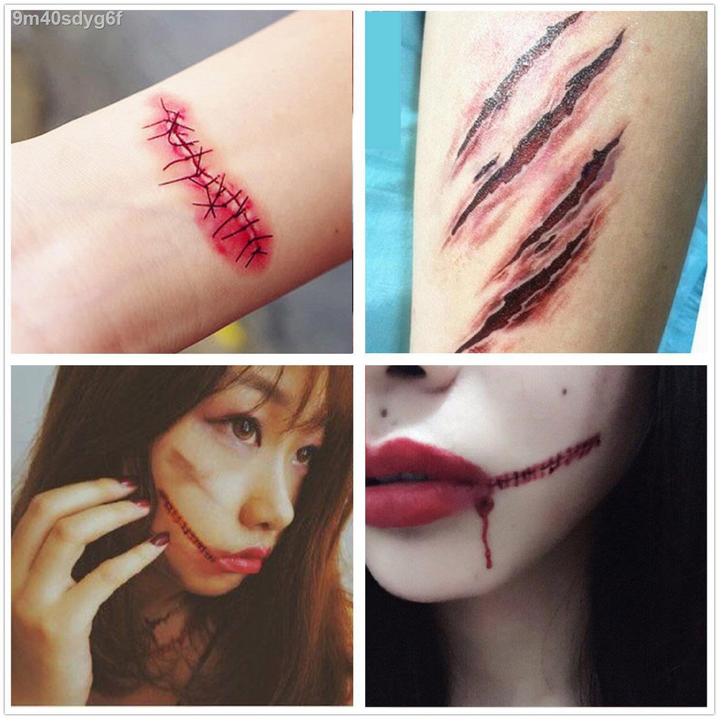 ♙☍Halloween hình xăm dán mô phỏng kinh dị chảy máu vết thương giả vết cắn vết khâu vết sẹo bên quán bar trang