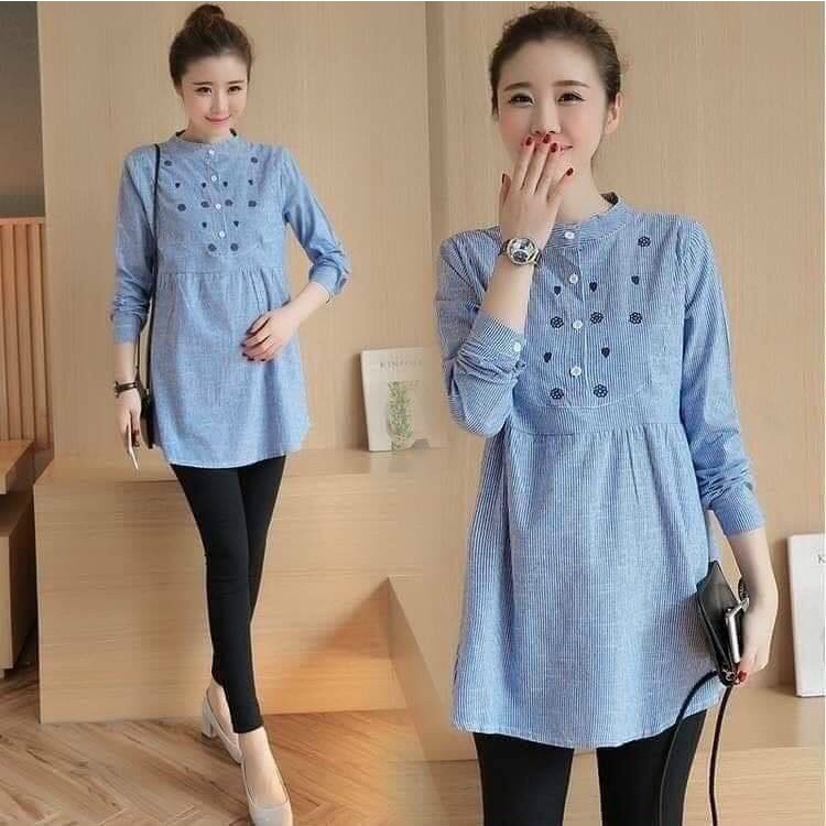 Áo bầu, đồ bầu dài tay kẻ cổ tàu dáng suông xinh mới