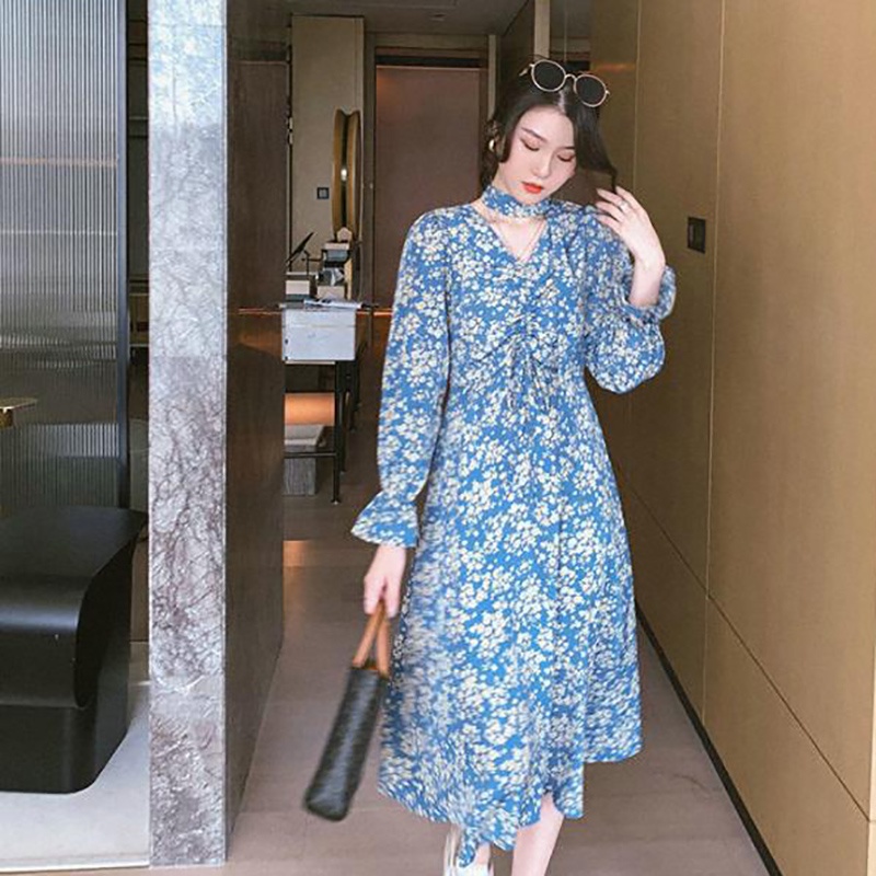 IELGY Đầm Voan Hoa Dài Tay Cổ Chữ V Nhấn Eo Cao Xinh Xắn Dành Cho Nữ