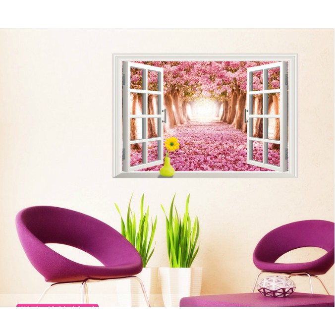 Decal trang trí tường khung cửa sổ 3D Rừng Anh Đào lớn