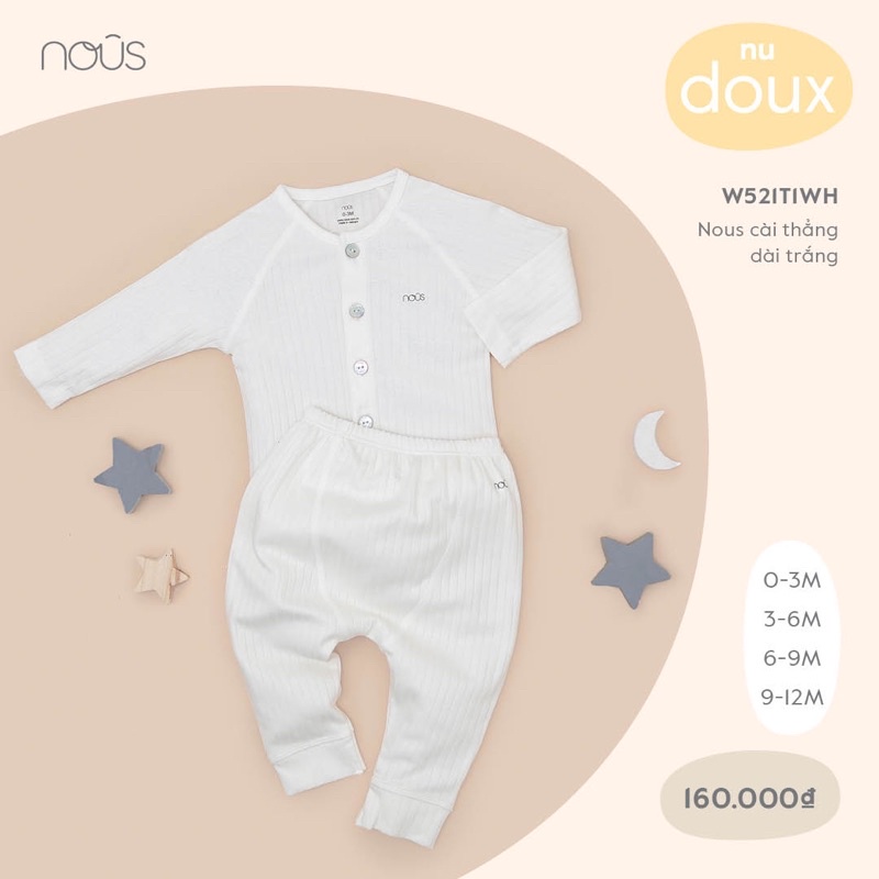 Bộ quần áo cài thẳng nous trăngs sọc cho bé từ 0-3m đến 9-12m