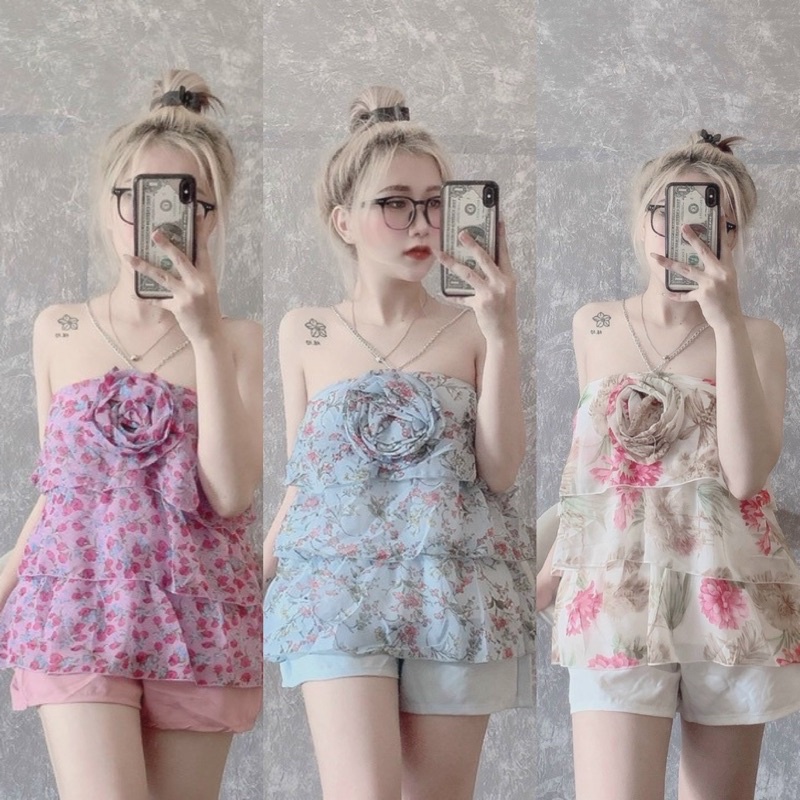 Sét Bộ Áo Yếm Hoa Tầng Đính Hoa  Kèm Short Lưng Chun Cùng Màu