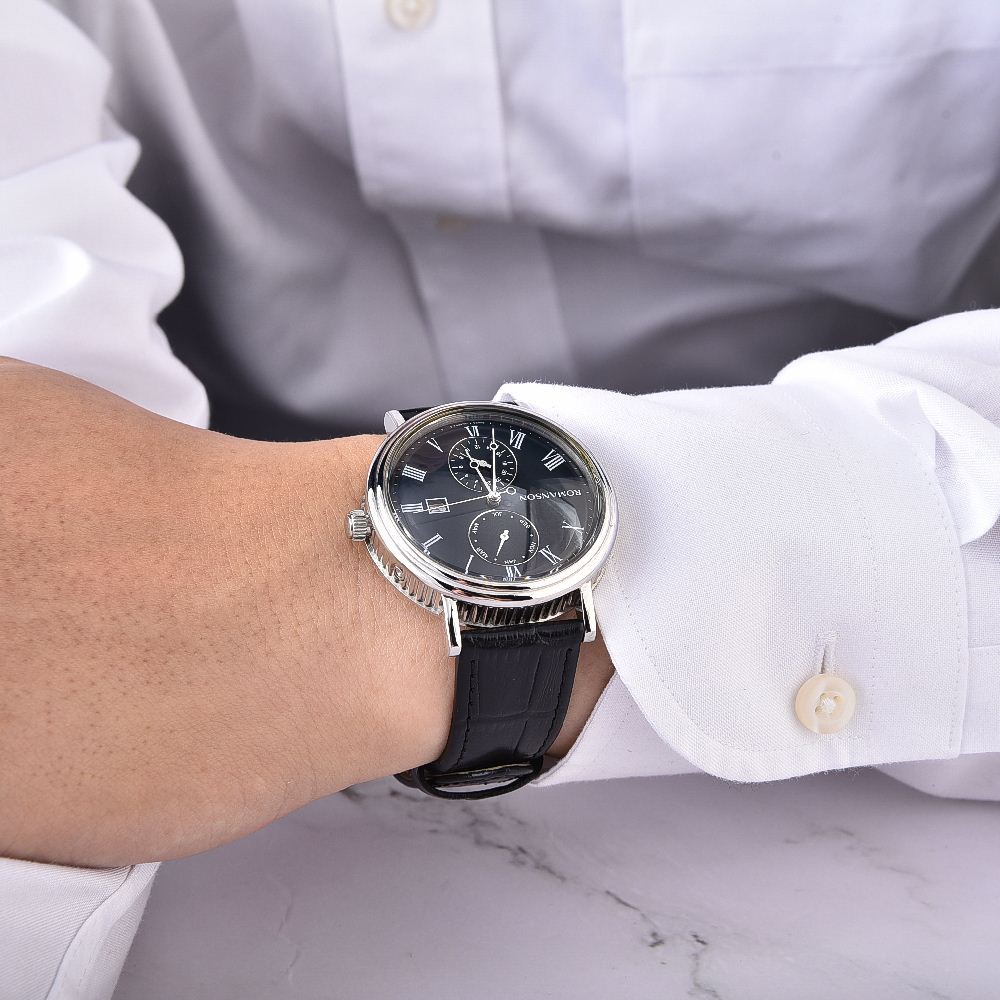 Đồng hồ Romanson Sport Men Watch TL1276BMWBK nam dây da mặt tròn kính chống xước máy Thụy Sĩ cao cấp chính hãng