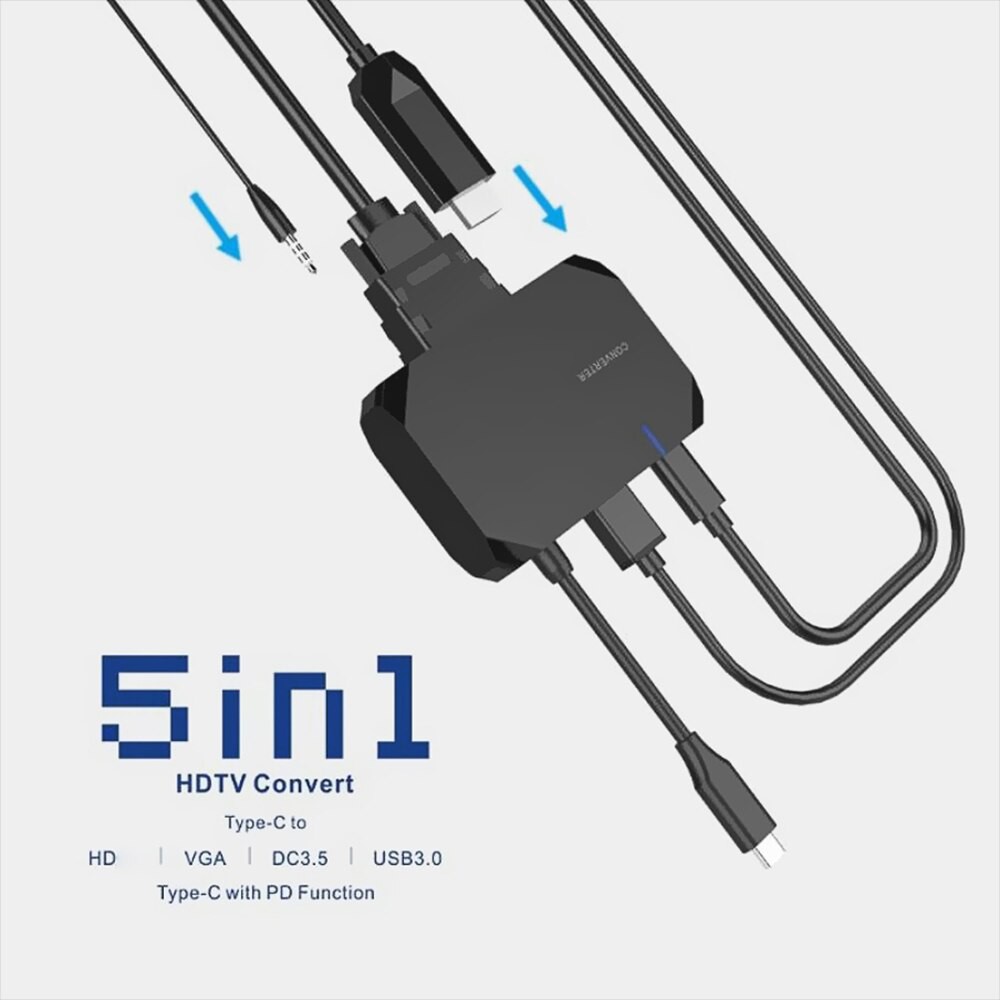 Cáp chuyển USB Type-c ra 5 cổng HDMI/ Vga/ PD, Usb 3.0 cho MAC/ Laptop/ Smartphone MHL