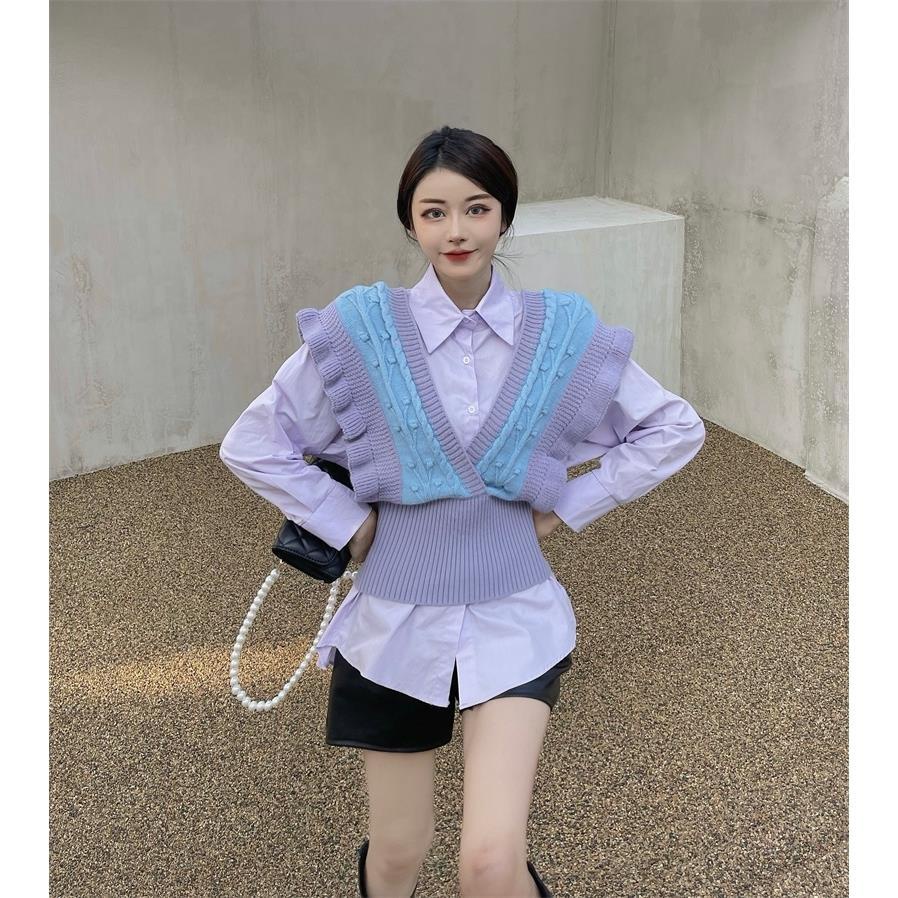 Single piece/set 2022 spring and autumn Korean version of French long sleeve shirt foreign style v-neck stitching knitted sweater waistcoat women