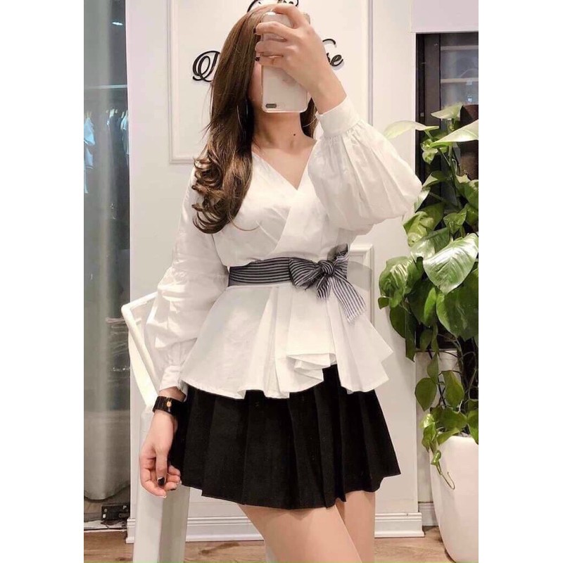 áo sơ mi babydol cổ v kèm dây cột eo
