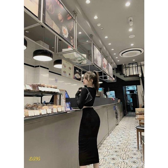 Set áo croptop dài tay + chân váy ôm body dáng dài siêu gợi cảm