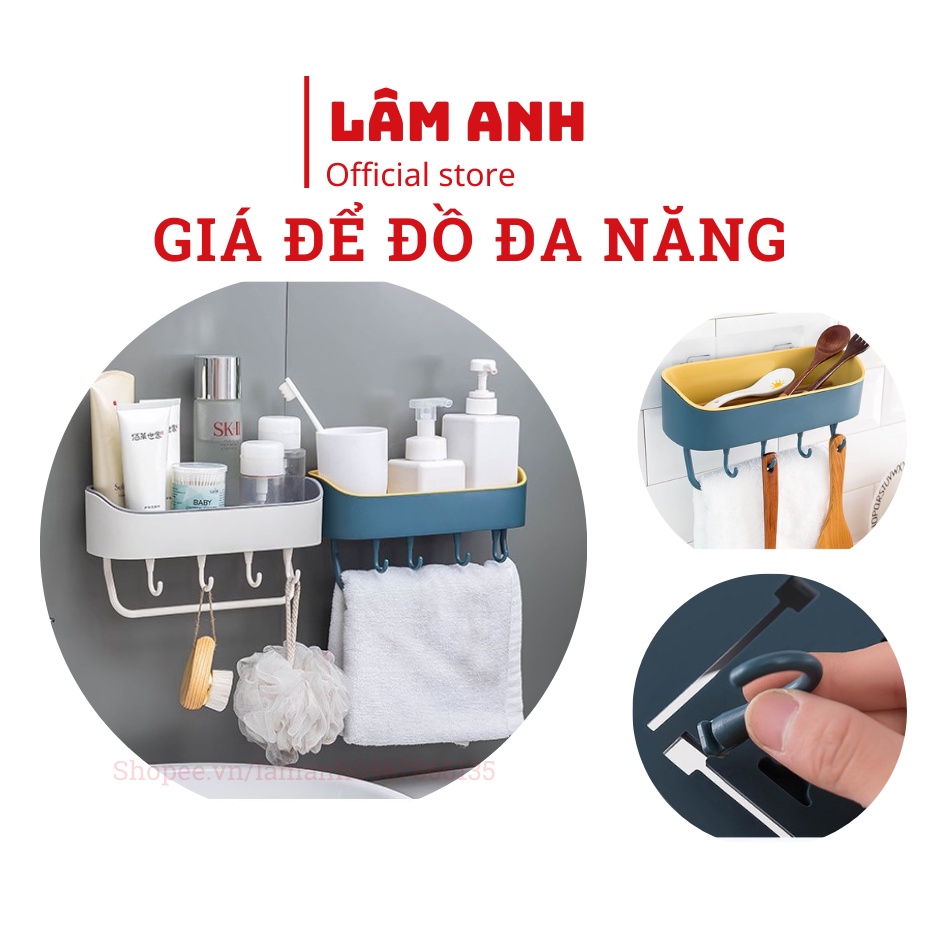 Giá Để Đồ Nhà Tắm Bằng Nhựa – Khay, Kệ Nhựa Dán Tường Nhà Bếp Có Lỗ Thoát Nước, Móc Treo Tiện Lợi - LA49