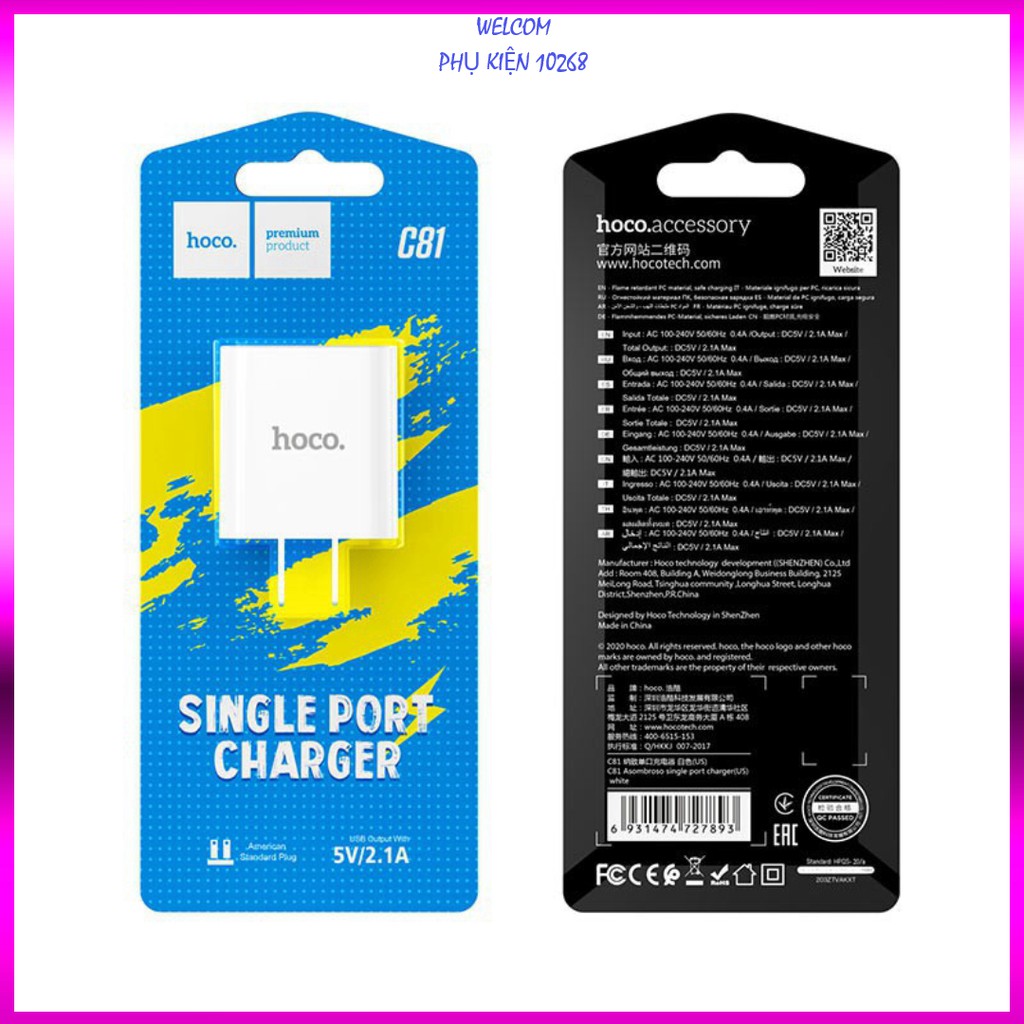 CỦ SẠC Hoco C81, sạc nhanh 2.1A, chất liệu PVC, chống cháy nổ - Chính Hãng