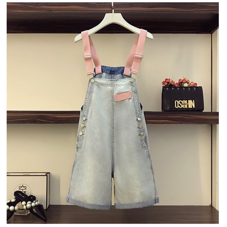 Quần Short Yếm Denim Dáng Rộng Plus Size 90 Kg Phong Cách Hàn Quốc