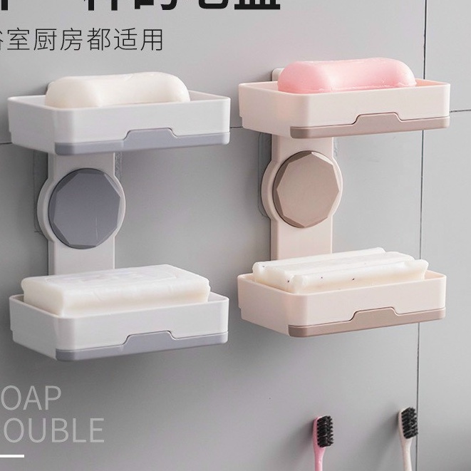 Kệ dán tường để xà bông nhà tắm xoay 360 độ 2 tầng đa năng, Giá Nhựa Để Xà Phòng 4 Rãnh Thông Minh (Có Khay Đựng Nước)