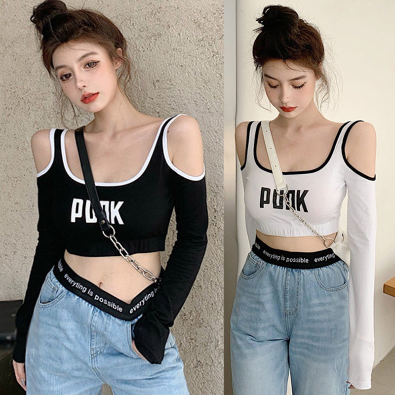 Áo thun dài tay trễ vai in chữ thời trang quyến rũ