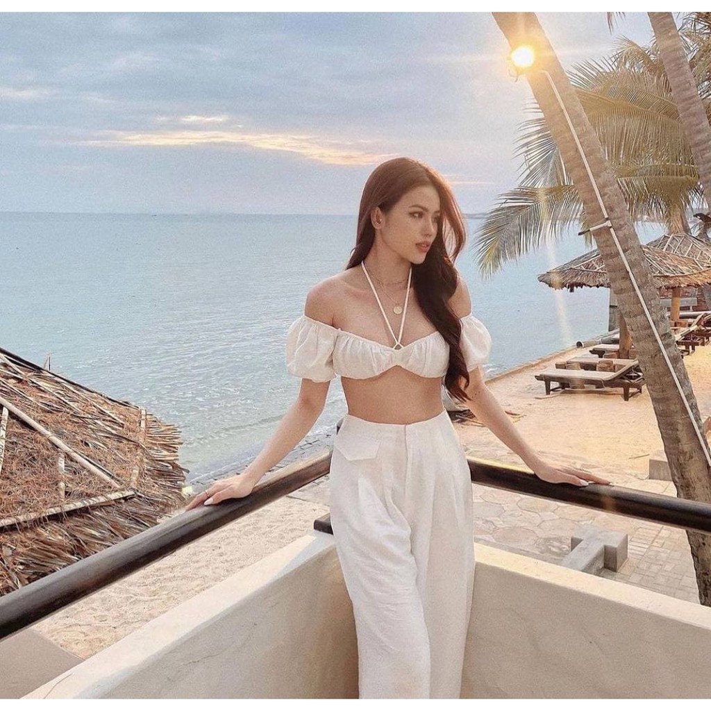 Áo Croptop Dây Cổ Màu TRẮNG (Mặc 2 Kiểu)