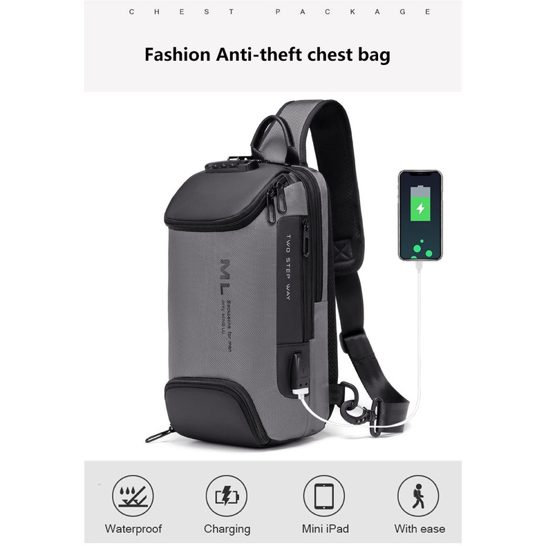 Túi Đeo Chéo Ngực Đa Năng Chống Trộm Có Khóa Sạc USB Thời Trang 2022 Cho Nam