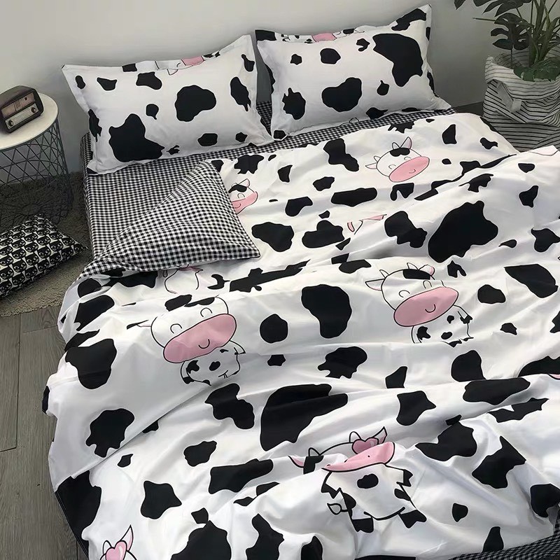 Bộ Drap &amp; Chăn Phao Cotton Poly Bò Sữa Trắng