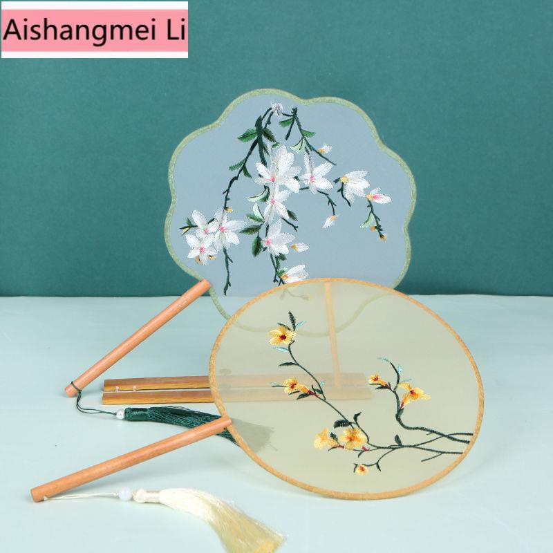 Quạt Cầm Tay Dài Hình Tròn Thêu Họa Tiết Phong Cách Trung Hoa Cổ Điển Dùng Làm Phụ Kiện Khi Múa/Khiêu Vũ