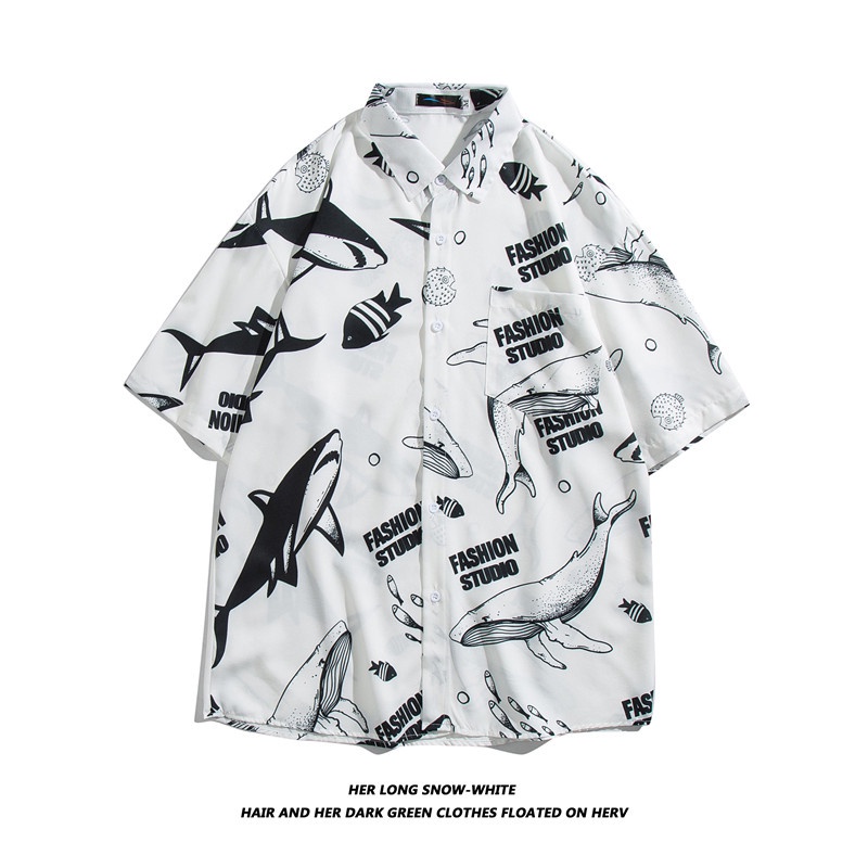 Short Sleeve Shirt With Cartoon Shark Print Korean Style Summer Fashion For Men 2022