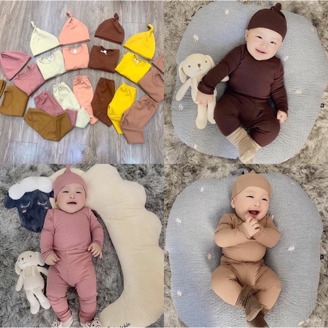 Đồ bộ quần áo dài tay len tăm kèm mũ cho bé sơ sinh tới 14kg AM814