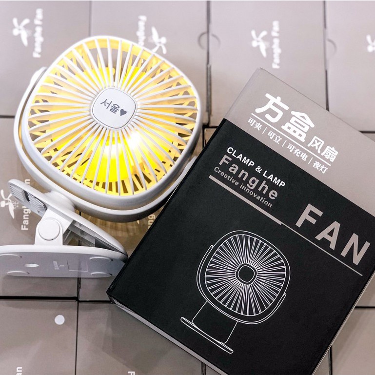 Quạt kẹp xe đẩy, nôi Fanghe Hàn có đèn Led, Quạt mini đa năng xoay 360 độ, pin sạc usb, tiện lợi siêu mát ê