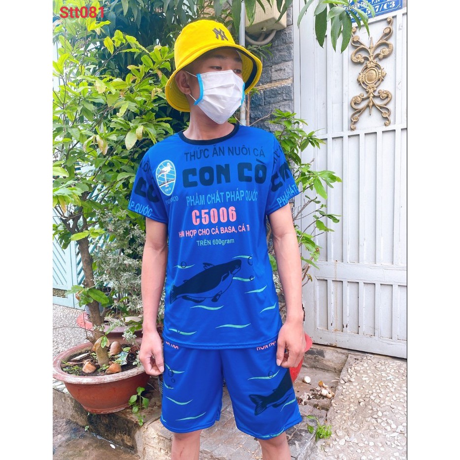 BỘ thun nam hè cám con cò màu xanh chất thun lưới mè nhẹ mát 1 form dưới 70kg