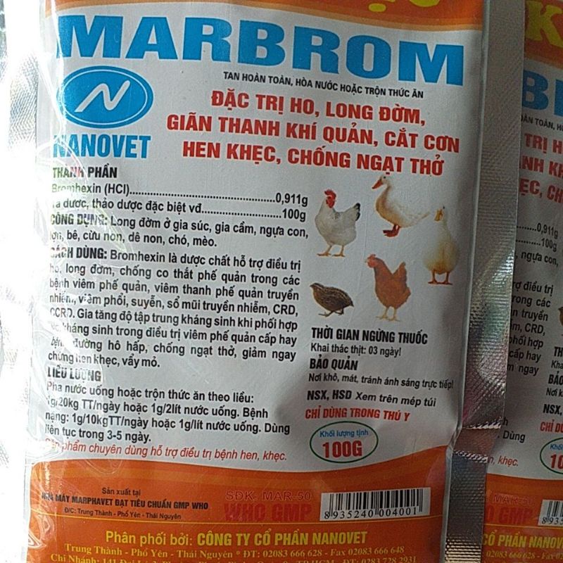 Long đờm brom, hen khẹc cho gia súc gia cầm, gà đá, chim, lợn