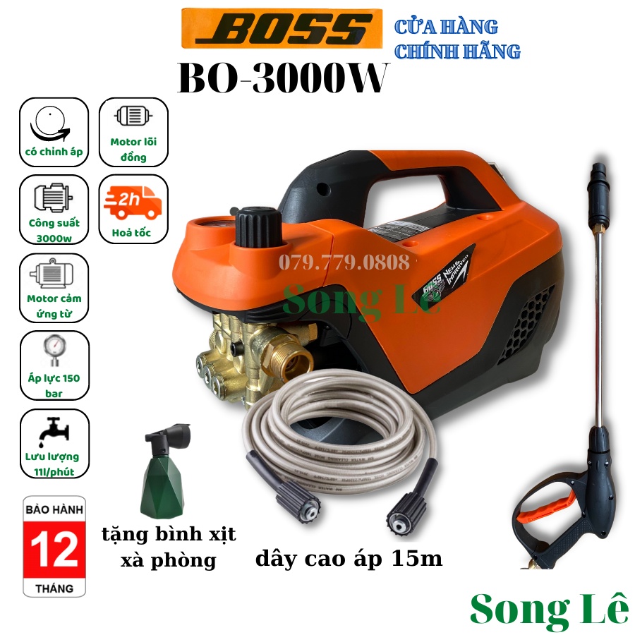 Máy Rửa Xe BOSS 3000W - ĐỒNG 100% - Tặng đủ phụ kiện máy rửa xe gia đình, máy xịt rửa dây 15m