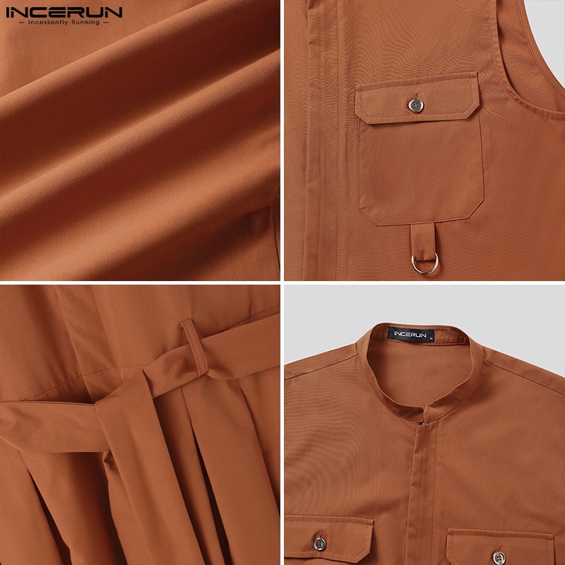 Áo liền quần INCERUN sát nách màu trơn có dây thắt lưng dành cho nam