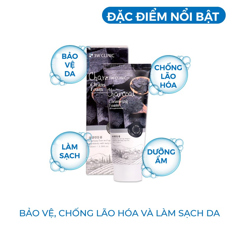 Sữa rửa mặt sạch sâu, ngừa mụn từ than hoạt tính 3W CLINIC CHARCOAL CLEANSING FOAM Hàn Quốc 100ml